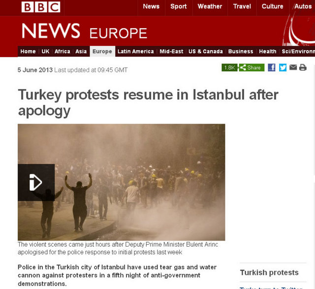 BBC News; Gezi'yi, gösteriler özürden sonra da devam etti başlığıyla manşetine taşıdı.