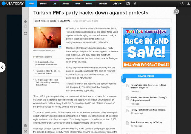 USA Today; Ülke'nin her yerine yayılan protestoların Başbakan yardımcısı Bülent Arınç'ın özür dilemesine sebep olduğunu yazdı.