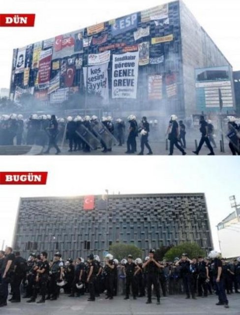 Polis Gezi eylemlerinin 15'nci gününde AKM'yen asılan pankart ve flamaları indirdi. 'Ulubatlı Hasan' gibi diye anılan bu karede o anlarda çekildi.  -  -  -