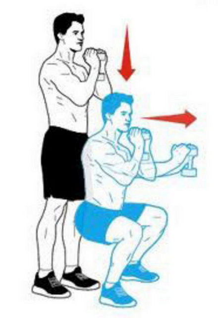 Göğsünüzün önünde dik olarak iki elinizle bir dumbbell tutun. Karın kaslarınızı sıkın ve squat hareketi yaparak vücudunuzu yere yaklaştırın. Bu pozisyondayken dumbbell'ı kollarınız gergin olana kadar göğsünüzün önünde ileri uzatın. Tekrar göğsünüze yaklaştırın ve başlangıç pozisyonuna dönün.