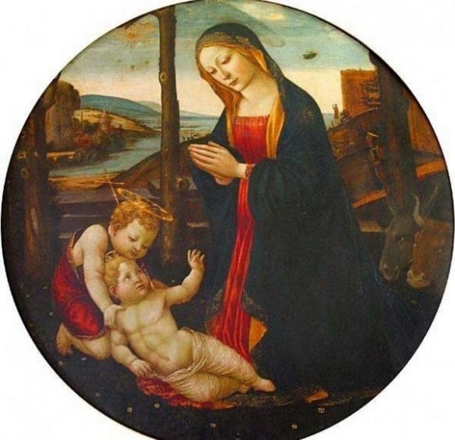 10- "Meryem ve Aziz Giovannino", 15 y.y.a ait bu tablonun ressamı Domenico Ghirlondaio. Palazzo Vecchio'da asılı olan tablo "Loeser Koleksiyonu" nun bir parçasıdır. Resimde Meryem'in sağ omuzunun üstünde disk şeklinde bir nesne görülüyor.