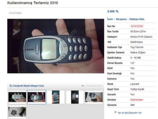 Nokia 3310 telefon 3 bin liradan satılıyor.