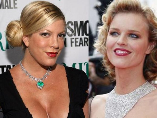 Tori Spelling ve Eva Herzigova - İkisi de 1973 doğumlu.. Spelling sert yüz hatları yüzünden biraz daha yaşlı görünüyor. -  -  -