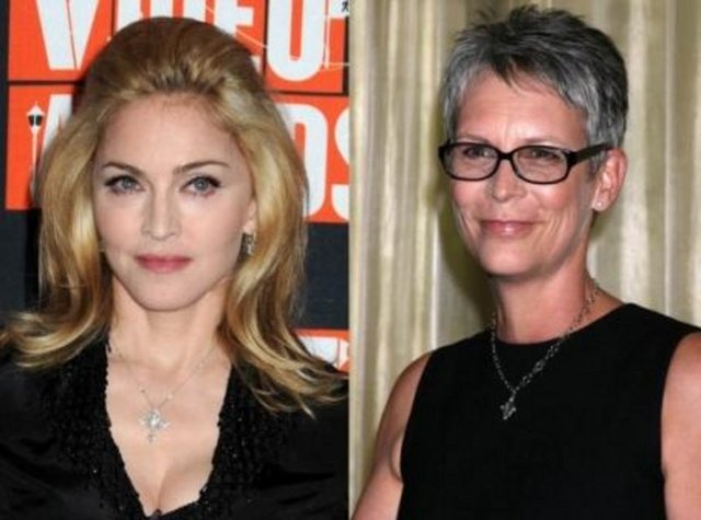 Madonna ve Jamie Lee Curtis - Her ikisi de 1958 doğumlu. Ama Madonna hem tıbbın olanaklarından yararlanıyor, hem de bir spor bağımlısı. Estetik operasyolara karşı olduğunu söyleyen Curtis ise kendini doğal yaşlanma sürecine bıraktı. -