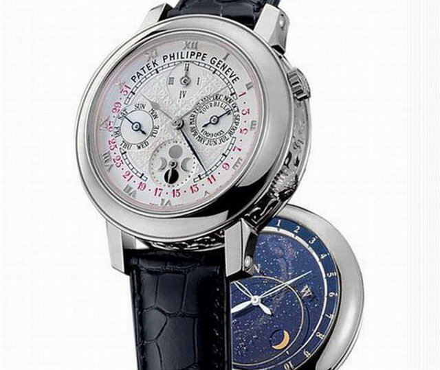 9. Sky Moon Tourbillon Model 5002P: 1.5 milyon $ En güzel Patek Philipp'lerden biri. Arkası da işlevsel. Yılı, günleri, ayı gösteriyor. Platin, 43 mm. Beyaz gümüş ve safire cam var. Kayışı timsah derisi.