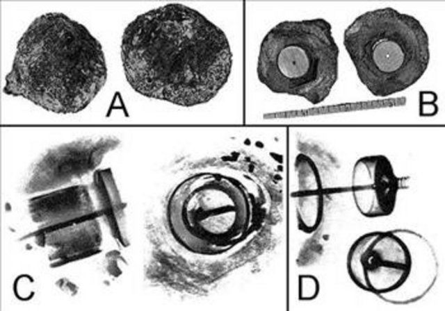 KRİSTALLE KAPLI KAYA  Bu kaya parçasının üzeri doğal kristallerle kaplanmıştır.içinde bir boşluk bulunmuştur. Bu boşlukta, malzemesini metal ve porselenin oluşturduğu garip bir cisim bulunmuştur. Resim A : Kaya parçasının iki parçaya bölünmüş hali. Resim B : Taşın her iki yarısının iç kısmını görüyoruz. Resim C : Radiography tekniğiyle içindeki cismin resmi çekiliyor. Cisim o kadar eski olmasına rağmen metal bir yapıdadır. Bu cismin üzerinde meydana gelen ve onu kaplayan kristal oluşumlu kabuğun oluşabilmesi için 500.000 yıl (beş yüz bin yıl) geçmesi gerekiyor ! Resim D : Yan taraftan çekilen radiography resminde metal cismi daha ayrıntılı bir şekilde görüyoruz. Sonuç olarak bu garip cisim 500.000 yıl yaşındadır. Günümüzde bir şeye ait bir parça olsaydı ,çoktan ne olduğu tespit edilirdi.