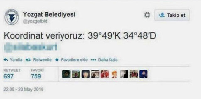 Belediye ise "Koordinat veriyoruz: 39°49'K 34°48'D" cevabıyla sosyal medyayı salladı. -