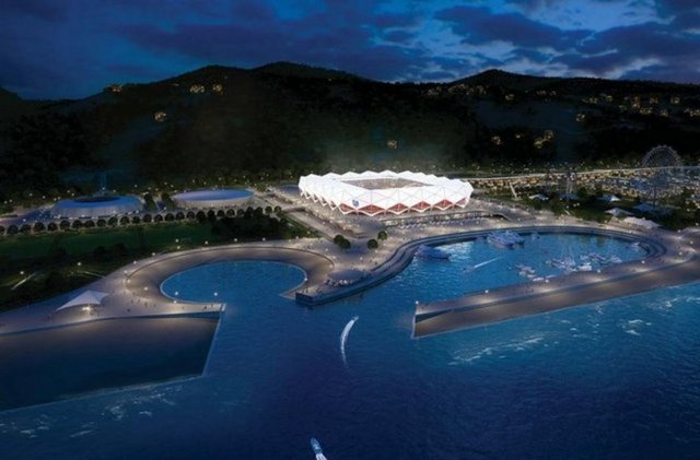 TRABZON'UN DÜNYA HARİKASI STADYUMU: Akyazı'da 795 dönüm deniz dolgusu yapılarak 458 dönüm arazi üzerine inşa ediliyor. 40 bin seyirci kapasiteli. Stadyumun tribün altları dâhil olmak üzere tüm etrafı bir spor kompleksine dönüştürülüyor.