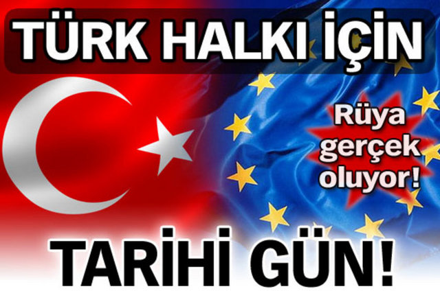 Türk vatandaşlarının vizesiz Avrupa Birliği ülkelerine seyahat - edebilmesinin önündeki engel aşılıyor. Dışişleri Bakanı Ahmet Davutoğlu, - "En geç 3,5 yıl içinde erken vize muafiyeti tamamlanabilir. 16 Aralık'ta - atılacak imzalarla vize muafiyeti süreci başlayacak" dedi.