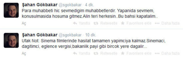 "Ufak Not: Sinema filmlerinde hasilat tamamen yapimciya kalmaz.Sinemaci, dagitimci, eglence vergisi,bakanlik payi gibi bircok yere dagalir..." dedi.