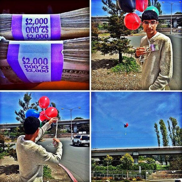 Balonlara 4 bin dolar bağlayarak onları bırakırken çektiği fotoğrafta Instagram sayfasında yer alıyor.