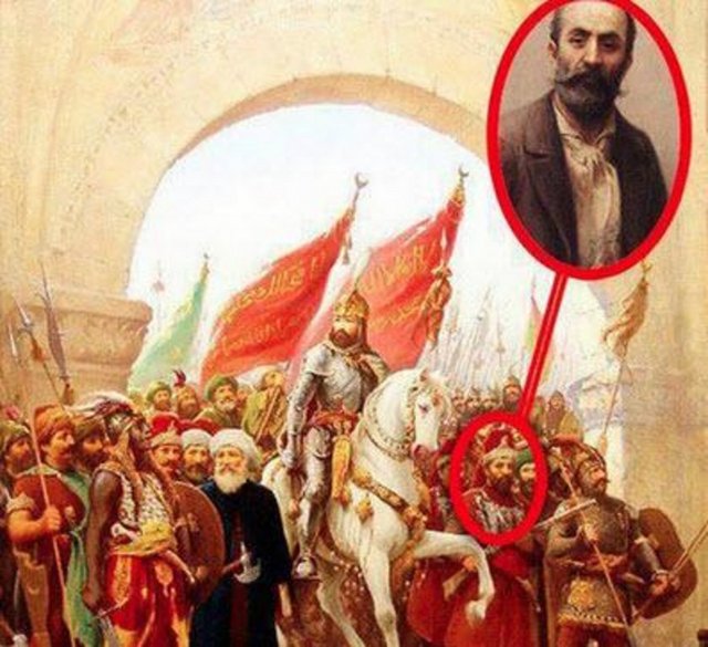 İtalyan ressam Fausto Zonaro, kendini Fatih'in İstanbul'a girişinde solundaki yeniçeri olarak resmetmiştir.