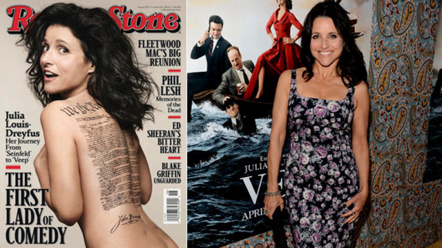 53 yaşındaki oyuncu şu sıralar Veep adlı bir dizide oynuyor. Bu yapımda canlandırdığı Selina Meyer karakteri de ABD Başkanı'nın yardımcısı. Dreyfus, bu nedenle sırtına yapılan Anayasa dövmesi ile poz verdi.