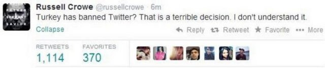 ÜNLÜLERDEN TWİTTER TEPKİSİRussel Crowe attığı Tweet'te "Türkiye, Twitter'ı yasaklamış mı! Bu korkunç bir karar. Bunu anlamıyorum" yazdı.