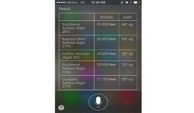 Siri'ye "Üzerimden hangi uçak geçiyor" diye sorun ve sadece "üzerimdeki uçaklar" deyin. Siri size uçağın uçuş numarası, irtifası ve uçuş açısı gibi bilgilerle birlikte üzerinizde hangi uçağın olduğunu gösterecektir.