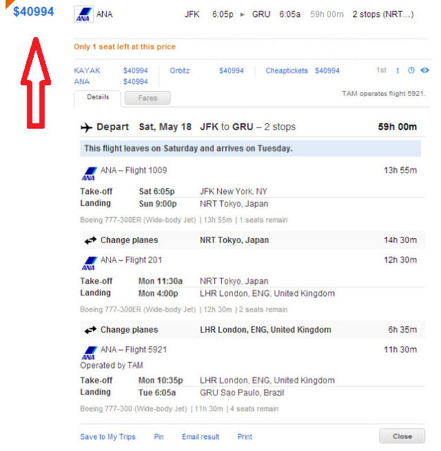 Ana Flights - Uçuş: New York'tan Sao Paulo'ya (First Class 2 aktarmalı) - Ücret: 40.994 dolar