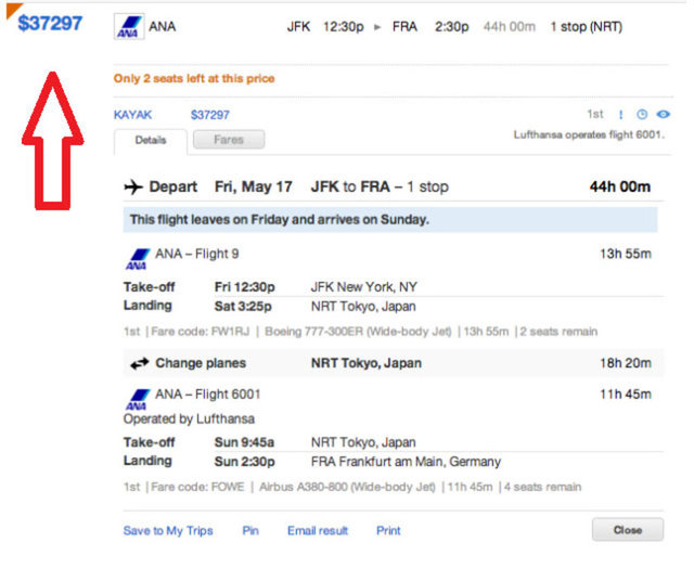 ANA Flights - Uçuş: New York'tan Frankfurt'a (1 aktarma First Class) - Ücret: 37.297 dolar