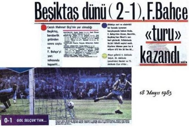 1983'te yapılan Türkiye Kupası çeyrek final ilk maçı 1-1 berabere sonuçlandı. Ancak Beşiktaşlı Mehmet Ekşi'nin çift sarı karta rağmen oynadığının anlaşılması üzerine Fenerbahçe 3-0 hükmen galip sayıldı. Beşiktaş, rövanşı 2-1 kazanmasına rağmen elendi.