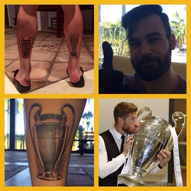Real Madrid ile Şampiyonlar Ligi şampiyonluğa kazanan Sergio Ramos bacağına kupanın dövmesini yaptırdı. İspanyol yıldız, daha önce kazandığı Dünya Kupası'nı da dövme yaptırmıştı.