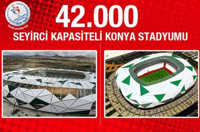 Konya Stadyumu: Geçen yılın ağustos ayında ihalesi yapılan ve hemen ardından yer teslimi gerçekleşen 42 bin seyirci kapasiteli Konya Stadyumu'nda bugün itibariyle yüzde 75 fiziki gerçekleşme oranına ulaşıldı. Stadın proje maliyeti de 160 milyon lira.