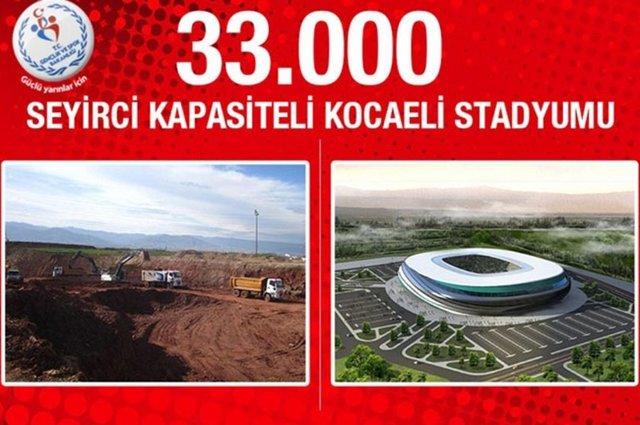 Kocaeli Stadyumu: Kocaeli'de yapımı tüm hızıyla devam eden 33 bin seyirci kapasiteli ve 160 milyon lira maliyetli stadyumun bugün itibariyle fiziki gerçekleşme seviyesi yüzde 5 seviyelerinde.