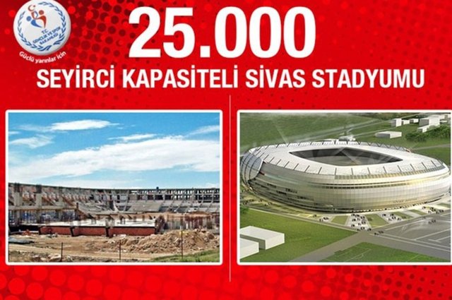 Sivas Stadyumu: Bugün itibariyle yüzde 25 fiziki gerçekleşme oranına ulaşan Sivas Stadyumu, 25 bin seyirci kapasiteli. 106 milyon lira proje maliyeti olan stadyum 160 bin metrekarelik bir alanda inşa ediliyor.