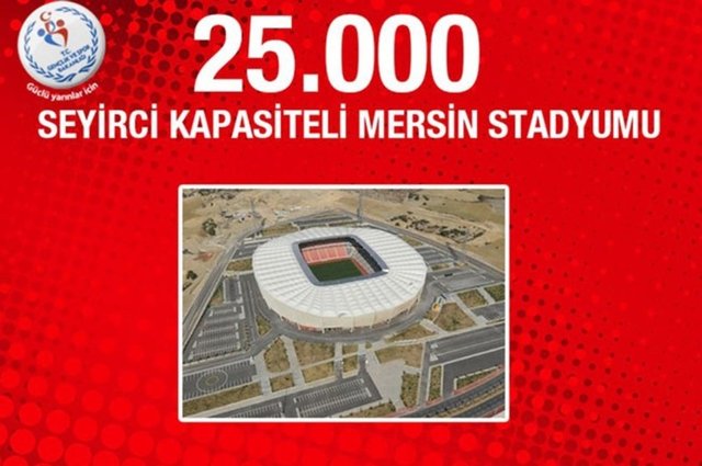 Mersin Stadyumu: Mersin Stadyumu, geçtiğimiz yıl Mersin'de düzenlenen 17. Akdeniz Oyunları'nın açılış ve kapanış törenlerine de ev sahipliği yapmıştı. 25 bin seyirci kapasitesine sahip stadyumun proje maliyeti 125 milyon lira idi.