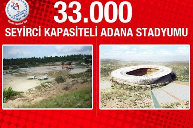 Adana Stadyumu: Geçen yılın nisan ayında ihalesi yapılan 33 bin seyirci kapasiteli Adana Stadyumu, 103 bin metrekarelik bir alana inşa ediliyor. Bugün itibariyle gerçekleşme oranı yüzde 1 dolaylarında olan stadyumun, proje maliyeti 140 milyon lira.
