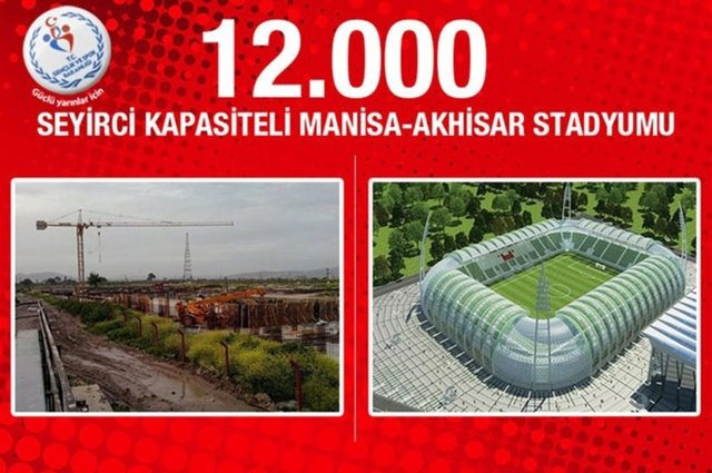 Manisa Akhisar Stadyumu: Manisa'da iki stadyumun inşası devam ediyor. Bu projelerden ilki olan Stat, 12 bin seyirci kapasitesine sahip olacak. Proje maliyeti 39 milyon lira olan stadyumun bugün itibariyle fiziki gerçekleşme oranı yüzde 5 seviyelerinde.