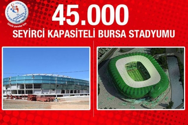 Bursa Stadyumu: Yeşil-Beyazlı ekibin gözdesi olacak 45 bin seyirci kapasiteli Bursa Stadyumu'nda çalışmalar tüm hızıyla ilerliyor. 195 milyon lira yatırım bedeline sahip projede, bugün gelinen fiziki gerçekleşme oranı yüzde 75 civarında.