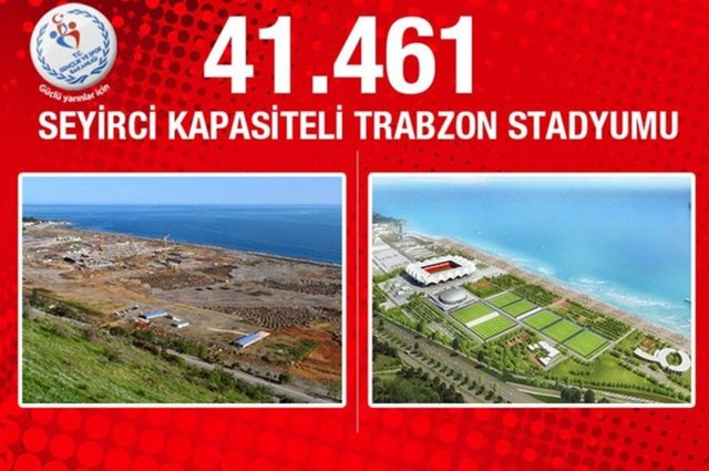 Trabzon Stadyumu: Deniz doldurulmasıyla yapılacak stada maliyeti 250 milyon lira. 41 bin 461 seyirci kapasiteli olması planlanan ve çok geniş bir alanda inşa çalışmaları devam eden stadyumun bugün ki fiziki gerçekleşme oranı yüzde 25 dolaylarında.