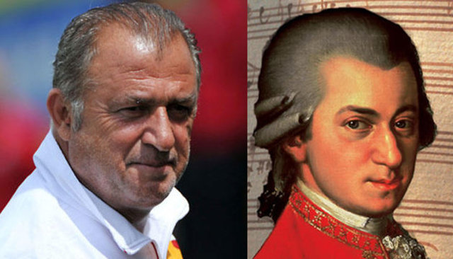 FATİH TERİM-W. AMADEUS MOZART Klasik Batı müziğinin dahi sanatçısı Wolfgang Amadeus Mozart, Fatih Terim'e inanılmaz benziyor. 17'inci yüzyılda yaşamış Mozart'ı tasvir eden bir tablodaki kaş, göz, ağız ve alın kavisi Terim'le büyük benzerlikler taşıyor