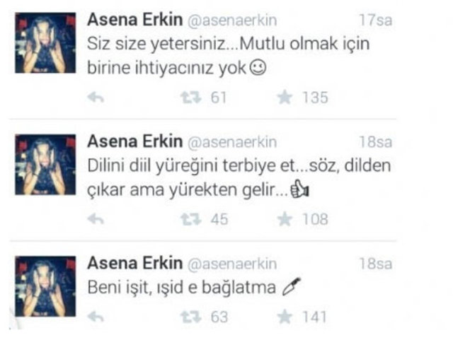 Asena Erkin attığı tweet'in yanına bıçak işareti koyarak 'Beni işit, IŞİD'e bağlatma' yazdı.
