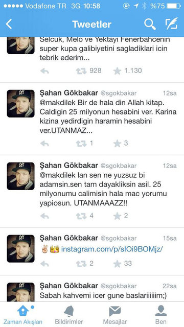 Dün akşam oynanan derbi maçı sırasında Akdilek'in maçla ilgili tweet atmasına sinirlenen Gökbakar, "Lan sen ne yüzsüz adamsın. Sen tam dayaklıksın asıl.