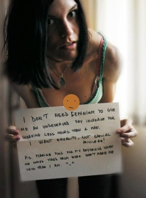 "Bir erkekten daha az çalışarak daha fazla para kazanmak istemediğimden feminizme ihtiyacım yok. Ayrıca erkek arkadaşım işten eve yorgun döndüğünde ona yemek hazırlamak beni rahatsız etmiyor"