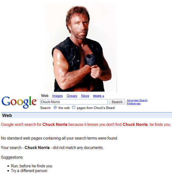 Arama çubuğuna "Find Chuck Norris" yani "Chuck Norris'i bul" yazdığınızda "Google won't search for Chuck Norris because it knows you don't find Chuck Norris, he finds you" yani "Siz Chuck Norris'i bulamazsınız, o sizi bulur" yazısıyla karşılaşıyorsunuz.