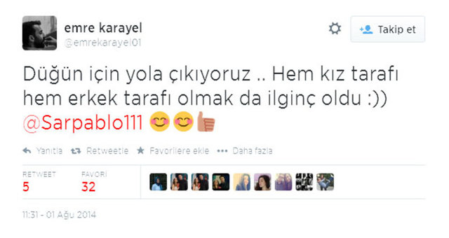 Hem Levendoğlu'nun hem Akalay'ın ortak arkadaşlarından biri olan Emre Karayel, Twitter hesabından "Düğün için yola çıkıyoruz. Hem kız tarafı hem erkek tarafı olmak ilginç oldu" diye yazarak heyecanını paylaştı.