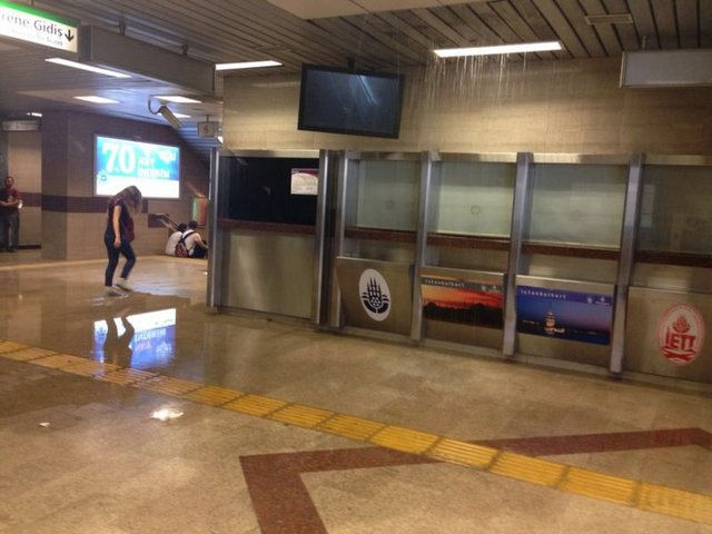 Şiddetli yağıştan Taksim metrosu da nasibini aldı. Görevliler metro içine dolan suyu tahliye etti.