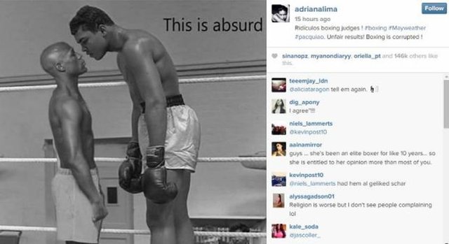 Lima, efsane boksör Muhammed Ali'den daha iyi olduğunu iddia eden Mayweather ile dalga geçti. Lima, üzerinde 'gülünç' yazan ve Muhammed Ali ile Mayweather'ın kolaj yapılmış fotoğrafını paylaştı.