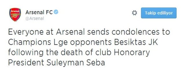 Arsenal Twitter'dan attığı mesajında, Beşiktaş'a taziye mesajı gönderdi. Mesajda, "Beşiktaş'ın Onursal Başkanı Süleyman Seba'nın ölümünün ardından, Arsenal'deki herkes Şampiyonlar Ligi'ndeki rakibimize taziye yolluyor" ifadeleri kullanıldı.