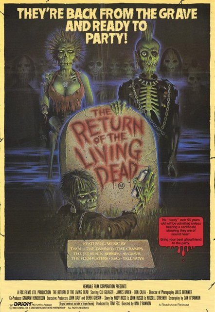 7-Yaşayan Ölülerin Dönüşü (The Return of the Living Dead) (1985): Dan O'Bannon'un filmi katıksız bir "Yaşayan Ölülerin Gecesi" ("Night of the Living Dead", 1968) parodisidir. Romero'nun klasiğinin motiflerini, tasarımlarını ve gelişmelerini ti'ye alırken,