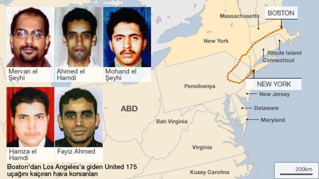 08:46:00 - Uçağı ele geçiren korsanlar pilotları öldürdükten sonra uçağın kontrolünü ele geçiriyor. Bu sırada babasını arayan bir yolcu, Uçağı pilotun uçurduğunu sanmıyorum. Galiba Şikago'ya ya da öyle bir yere gidip bir binaya çarpacaklar" diyor