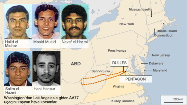 08:54:00 - 3. uçağın kaçırılmasıyla rota değişiyoır ve Boeing 757 tipi uçağın radyo vericisi kapatılıyor. Yakınlarını arayarak durumu bildiren yolcular, hava korsanlarının bıçak kullandığını söylüyor.