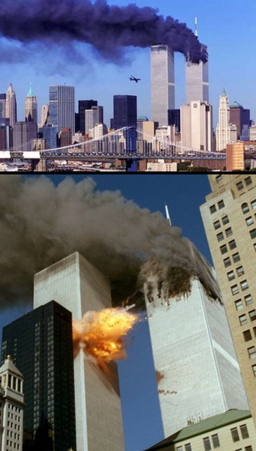 09:03:11 - Binanın boşatılma işlemi sırasında United 175, güney kulesine saatte 870 km hızla çarpıyor. Bu saldırı 77 ve 85. katlara zarar verirken, bir çok insan kurtarılma umuduyla çatıya çıkıyor.