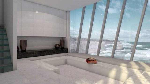 Beş katlı bu binada üç yatak odası, bir salon, bir mutfak ve banyoya sahip. Evin camları ise yerden tavana kadar nefes kesici okyanus manzarasına olanak veriyor.