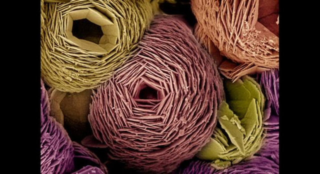 Çok sayıda altıgen tabakanın iç içe geçmesiyle oluşmuş bir kalsiyum karbonat kristali.