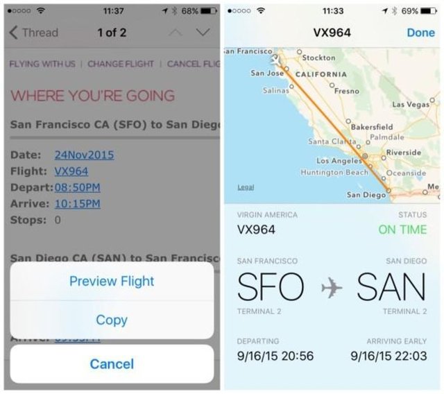 3. Uçuş durumu - iOS 9 uçuşunuz olduğunda uçuş numarasını tespit ederek size bilgi verebiliyor. Uçuş tarihi, kalkış ve varış saatleri, nereden nereye gideceğinizi gösteren harita, gecikme olup olmadığı bilgisi vs.