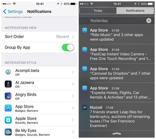 5. Bildirimleri organize etme iOS 9'la birlike Bildirimler menüsünü organize ederken artık daha fazla seçeneğiniz var. Bilidirimleri kronolojik, uygulamalara göre gruplayarak sıralayabilirsiniz. Yani hangi bildirimin en önde olacağına karar verilebir.