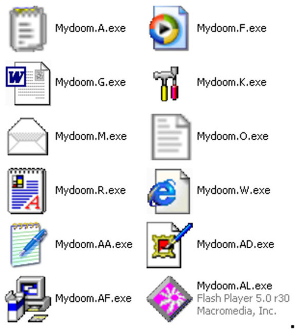 Mydoom - 2004 yılında ortaya çıkan ve Iloveyou benzeri virüs Mydoom, yine Windows'a bulaştı. - Virüs bir e-posta iletim hatası olarak görünerek kendisini yayar ve bir ek içerir . Bu virüsün zararı 38 milyar beş yüz milyon dolar oldu.