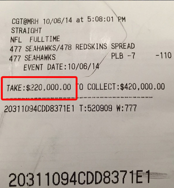 Tarihi 6 Ekim 2014 olan bu kuponda Seattle'a Washington'a karşı 220 bin dolar oynadığı görülüyor.